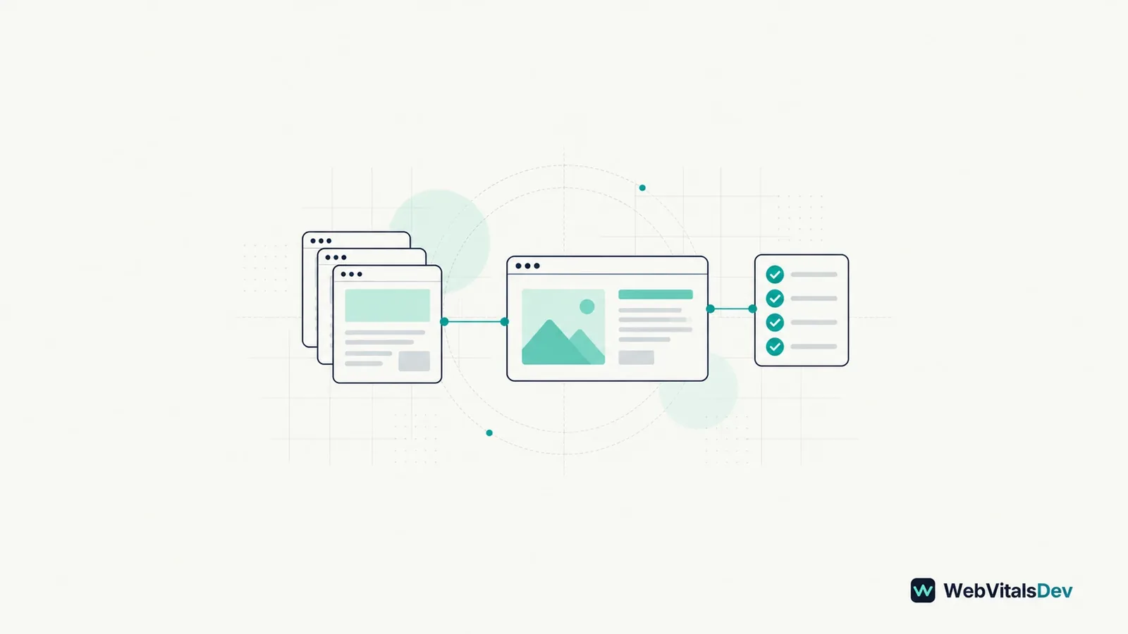 Abstract article pages flowing into a browser frame with cyan light trails against a dark navy background.