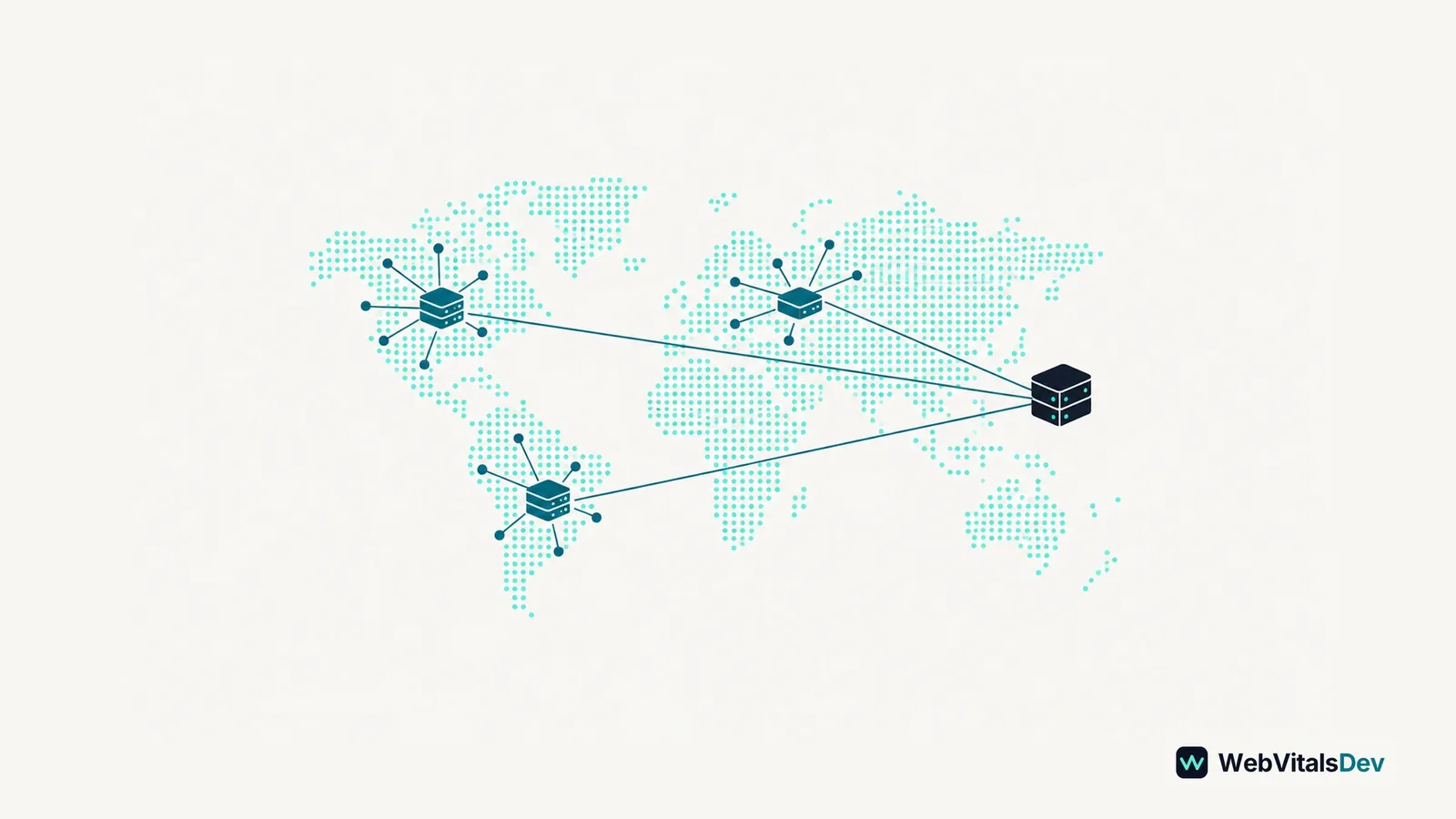 A distant origin connected to several edge nodes serving nearby points on an abstract map