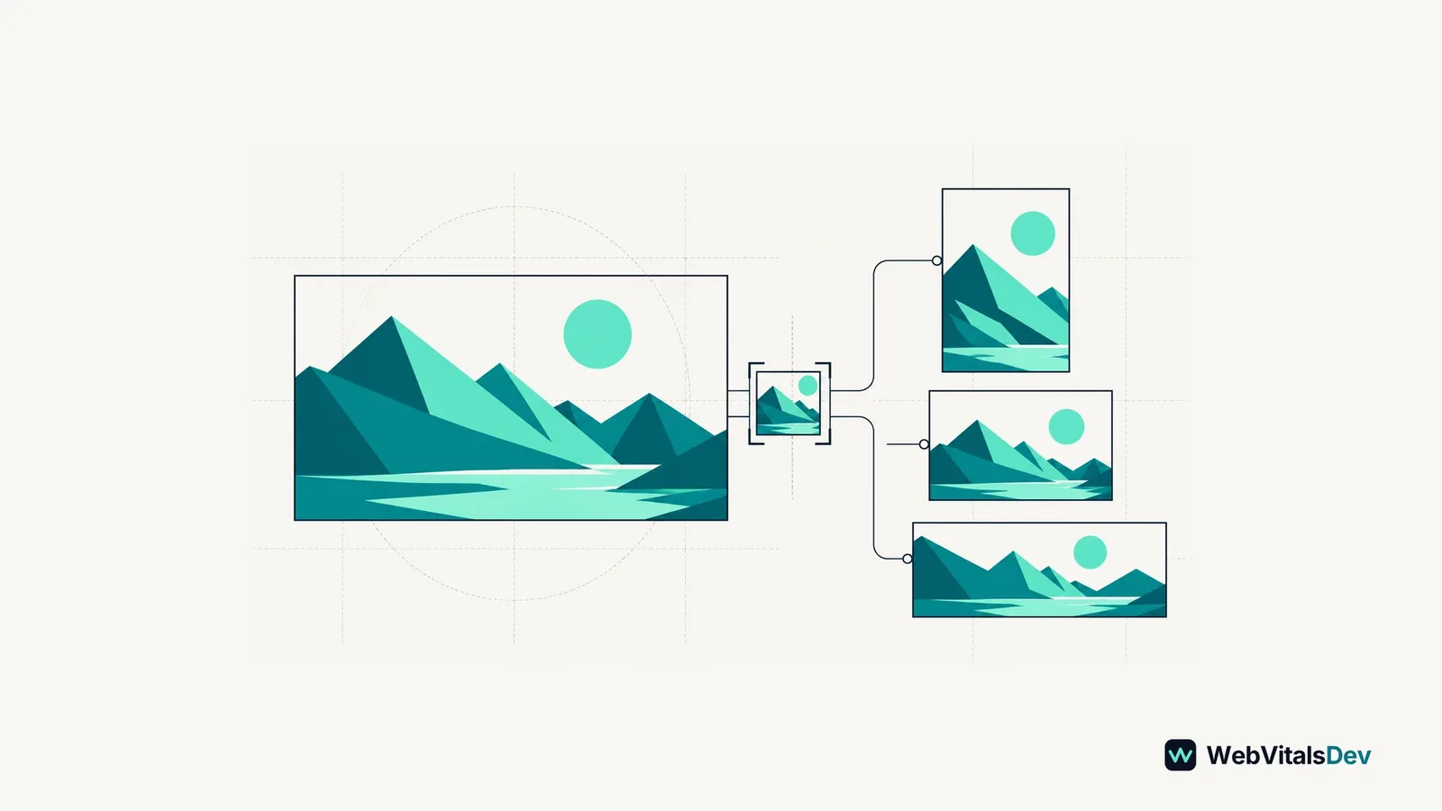 An abstract landscape image is connected to differently shaped image crops.