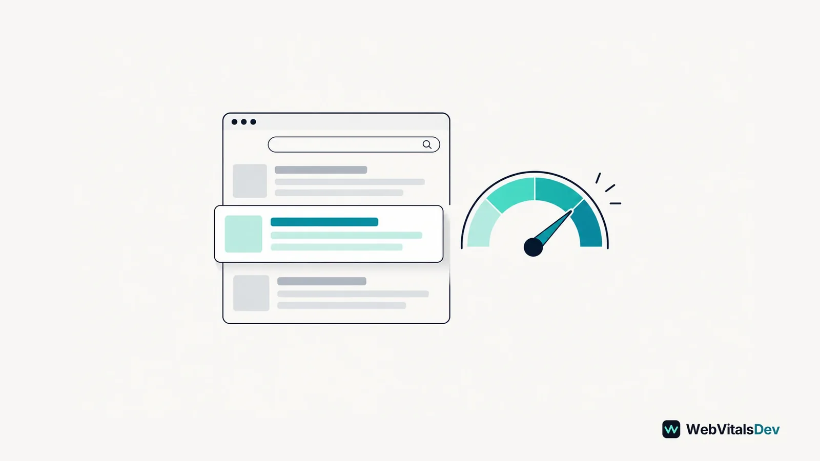 An abstract search results list sits beside a small performance gauge without displaying a claimed ranking gain.