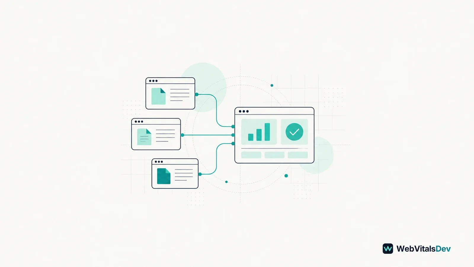 Blank cyan cards flow into an orderly timeline on a dark navy background.