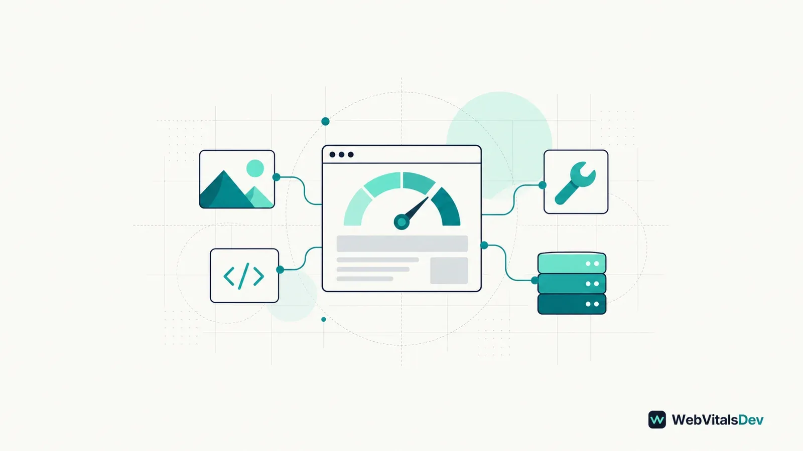 Teal website speed gauge connected to image, code, repair and server icons on an off-white background, with the WebVitalsDev watermark.