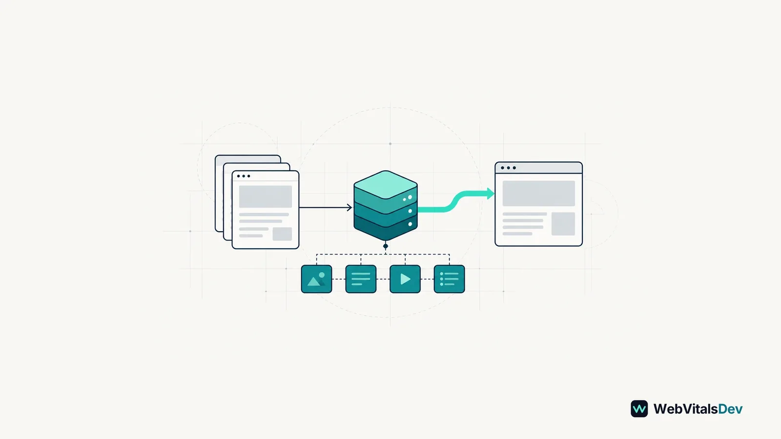 A stack of page outlines feeds a cache block connected to a browser window and resource tiles.